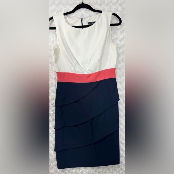 Connected Apparel Womens Pink, White & Blue Asymmetrical V-Neck Sheath Dress - Picture 1 of 12